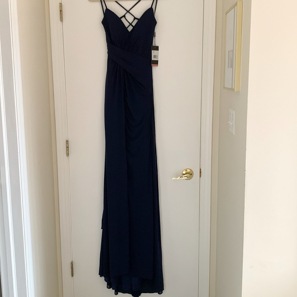 La Femme Navy Blue Backless Spaghetti-Strap Evening Gown - Picture 3 of 8